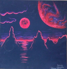 Peisaj de pe exoplaneta Gliese 581d - Pitica rosie Gliese 581  vazuta de pe Gliese 581dpictura tempera pe hartie neagra