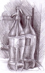 Natura statica cu sifon si sticla de cola desen in creion