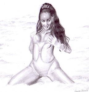 Bruneta sexy in costum de baie in mare desen  in creion