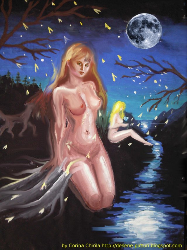 Luna si Diana, nud feminin, pictura din 2002 modificata pe calculator in GIMP de Corina Chirila