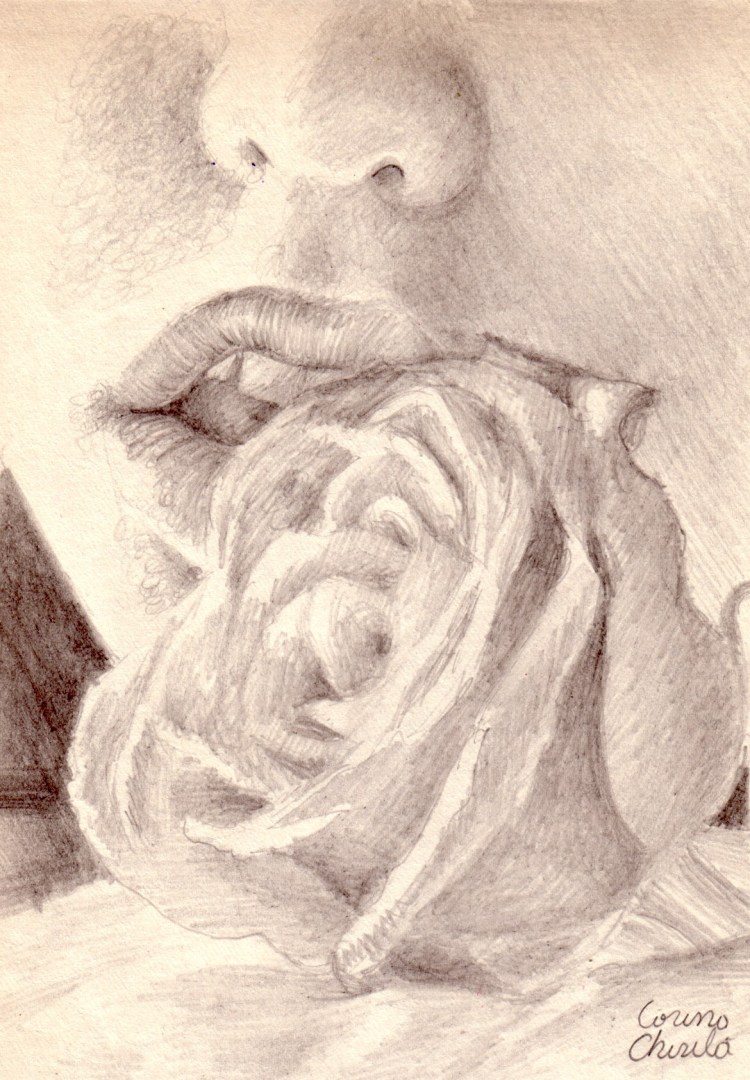 Kiss for a rose pencil drawing - Sarutand un trandafir desen in creion