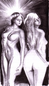 Blonda lui Eminescu si bruneta din vis desen in creion cu fete nud -