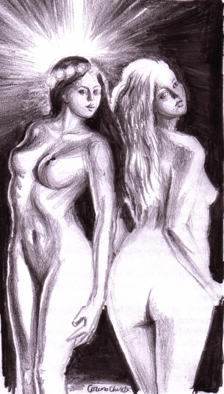 Blonda lui Eminescu si bruneta din vis desen in creion cu fete nud -