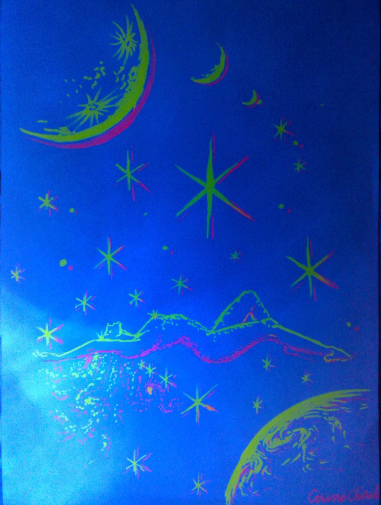 Femeie intre stele si stea intre femei, desen fluorescent in lumina albastra