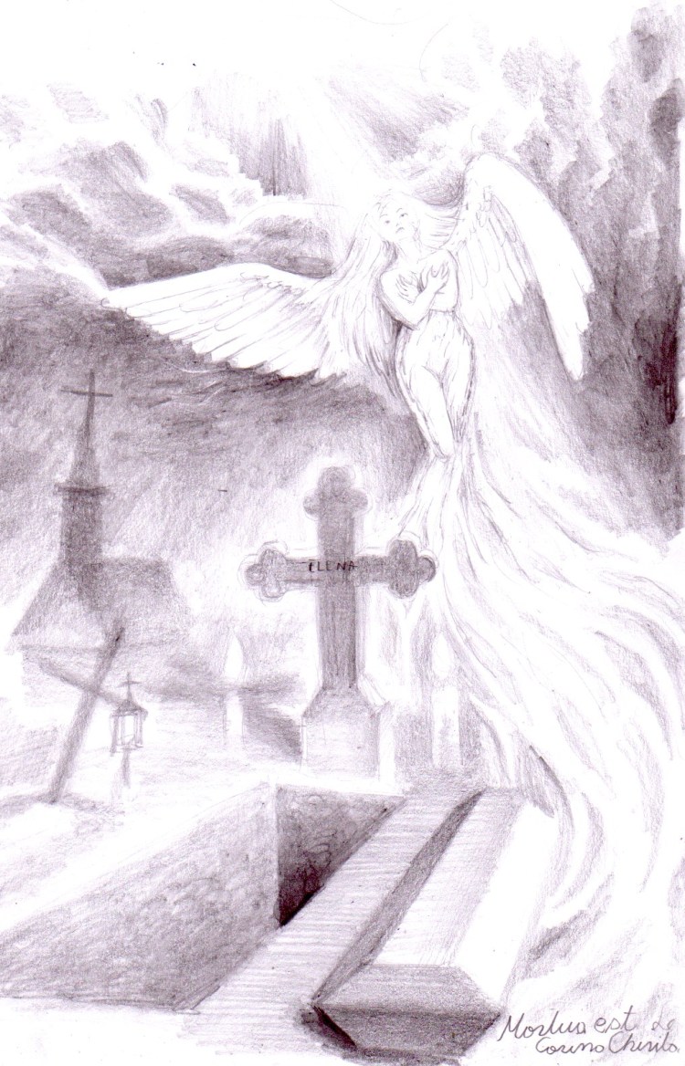 Mortua est, desen in creion inspirat din poezia lui Mihai Eminescu