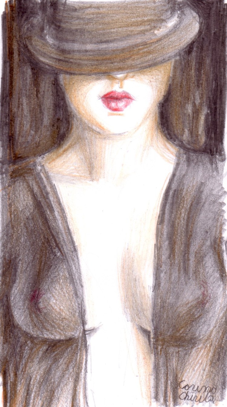 Misterioasa femeie cu palarie, desen in creion 