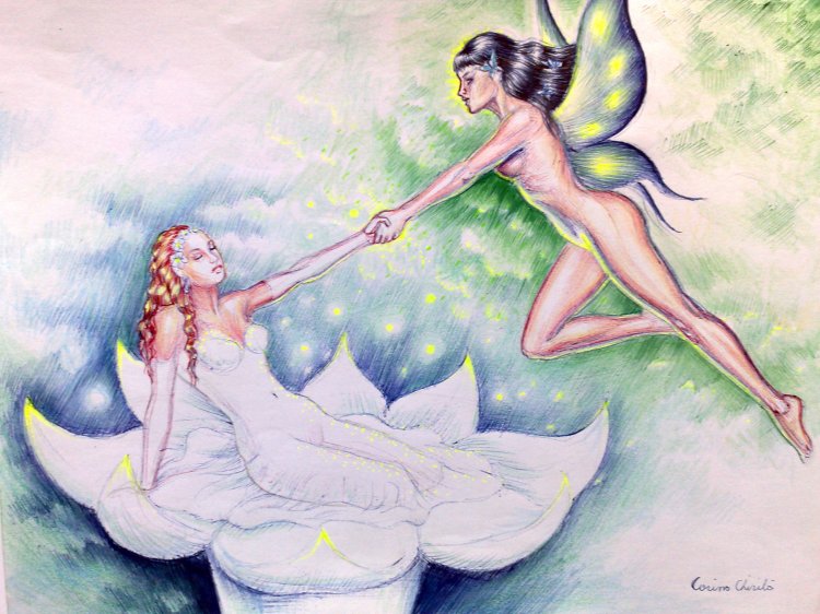 Desen fantezie facut cu pixul - o poveste de primavara cu o printesa si o femeie cu aripi de fluture