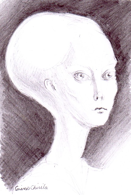 Portret de extraterestru, desen in creion