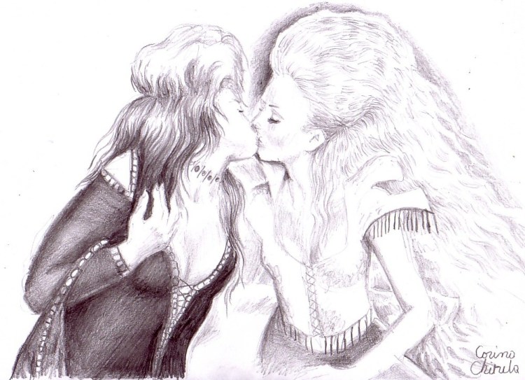 Lesbian kiss pencil drawing
