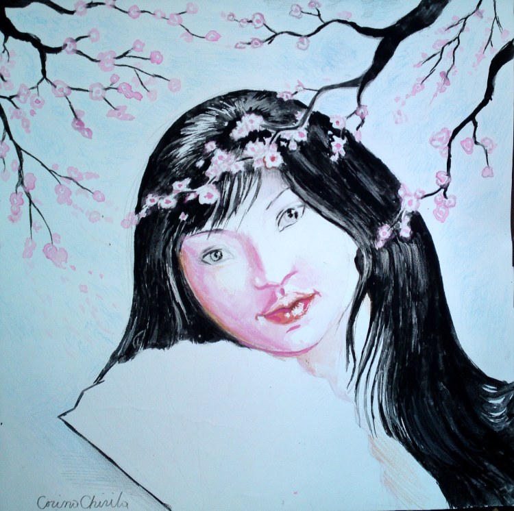 Portret de japoneza cu cires inlorit