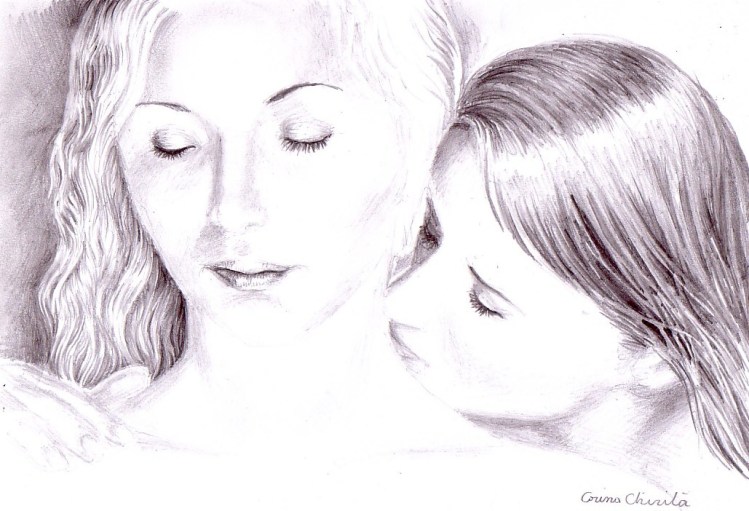 Un sarut pe gatul ei fin, desen in creion