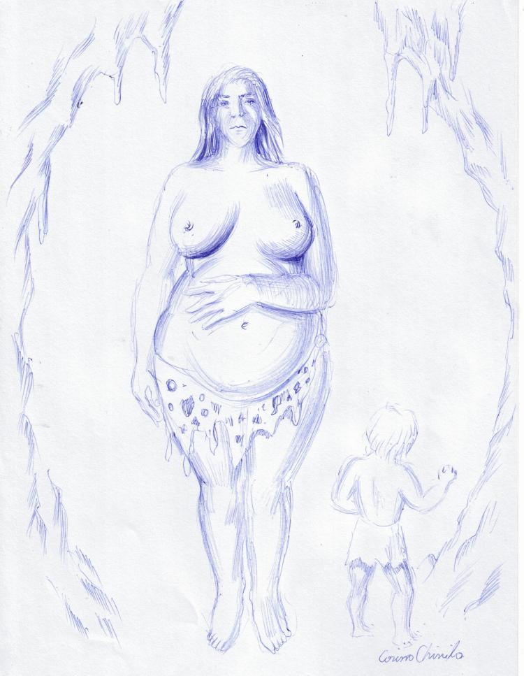 Femeie din neolitic insarcinata, desen in pix