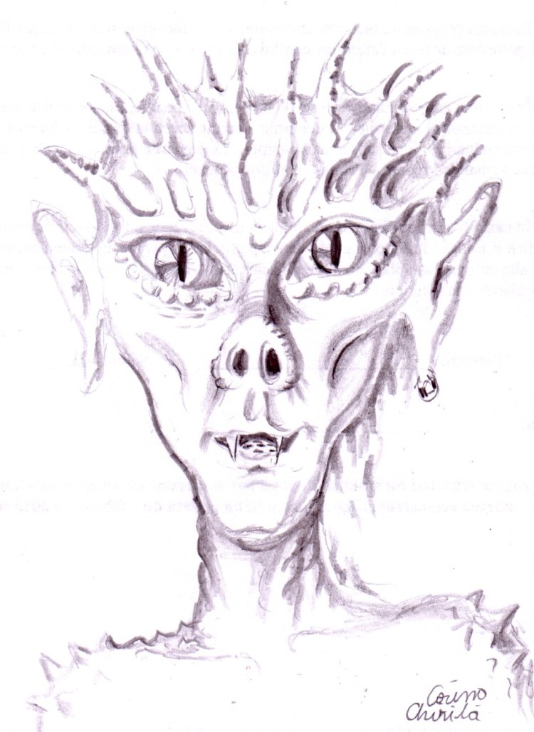 Portret de extraterestru reptilian, desen in creion