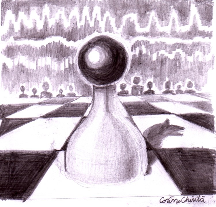 Un nebun intelept sau un pe tabla de sah sau un intelept nebun? desen in creion