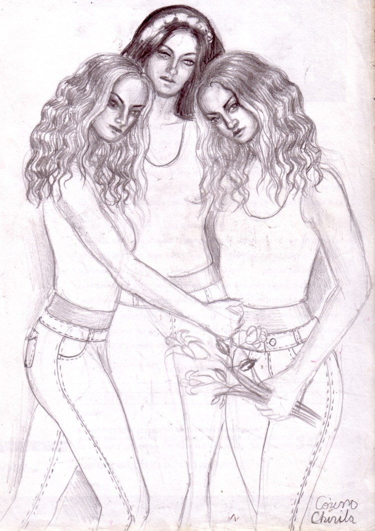 Eu, sora mea geamana si Simona, desen in creion din 2002