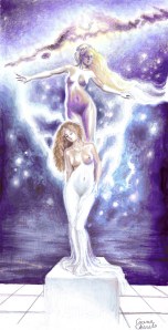 Afrodita dand viata statuii Galateea, desen in creion colorat in Photoshop