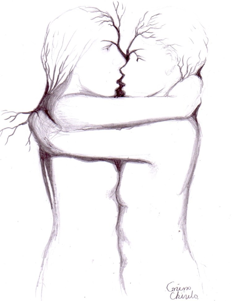 Sarutul, desen in creion inspirat din sculptura lui Constantin Brancusi