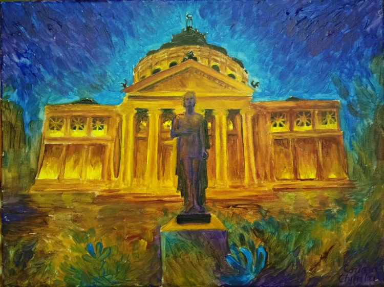 Statuia lui Mihai Eminescu de la Ateneul Roman, pictura acrilice pe panza