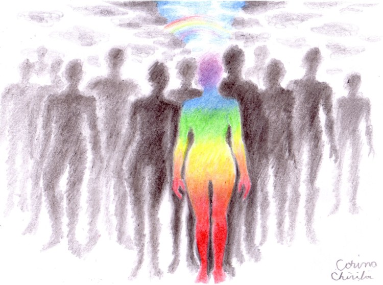 Un curcubeu intr-o lume cenusie, desen in creion si creioane colorate