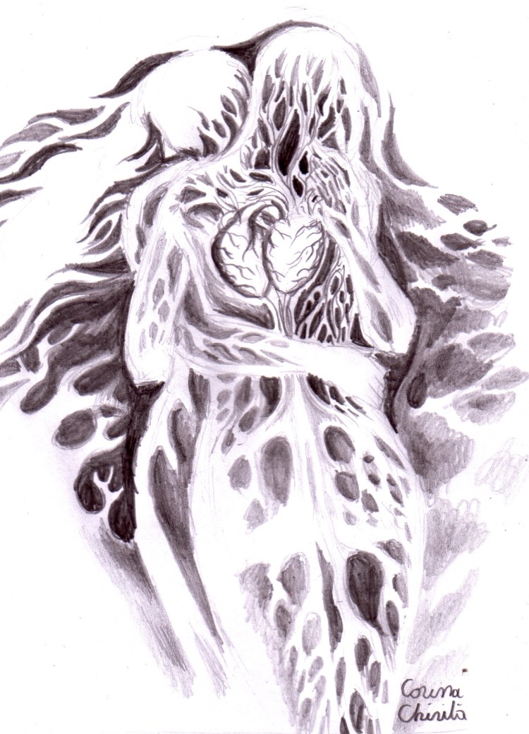 Doua suflete imbratisate, desen in creion