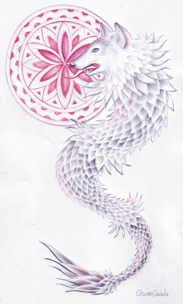 Lupul dacic si floare vietii, desen in pix