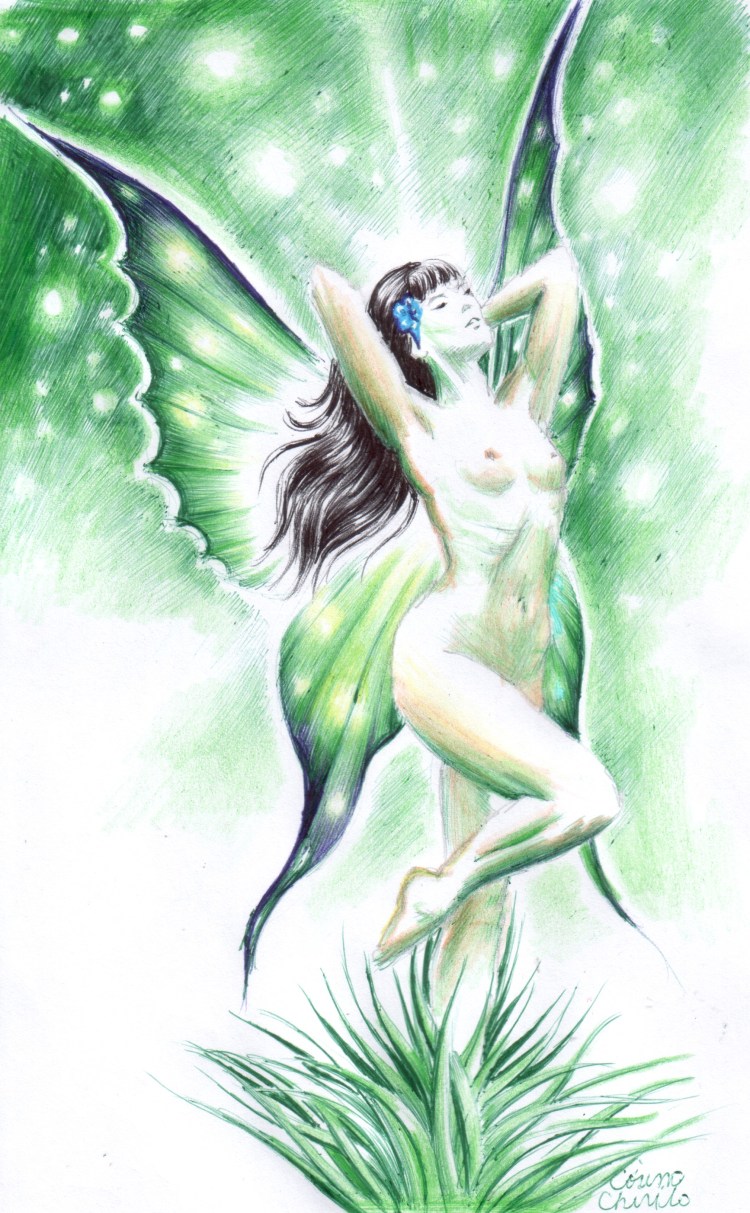 Femeia fluture, desen fantezie de primavara facut cu pixul