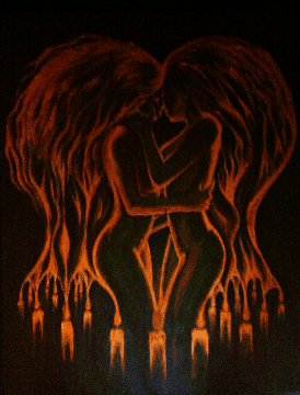 Focul iubirii si al pasiunii arzatoare dintre doua suflete indragostite, pictura fluorescenta