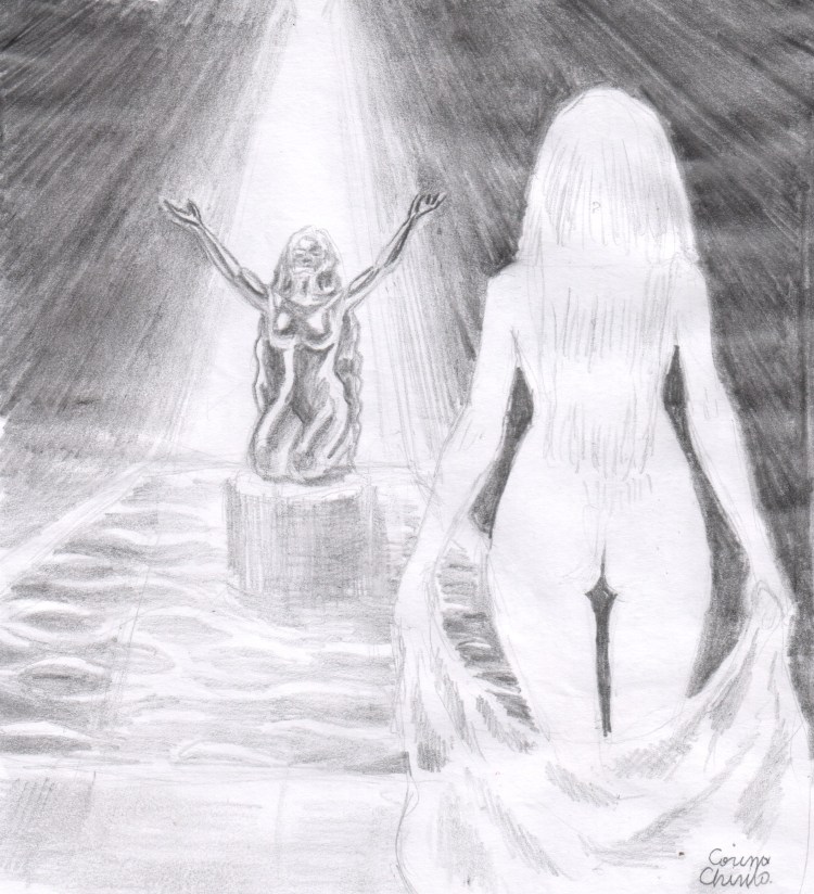 Printesa iubirii si statuia Afroditei din santuar, desen in creion