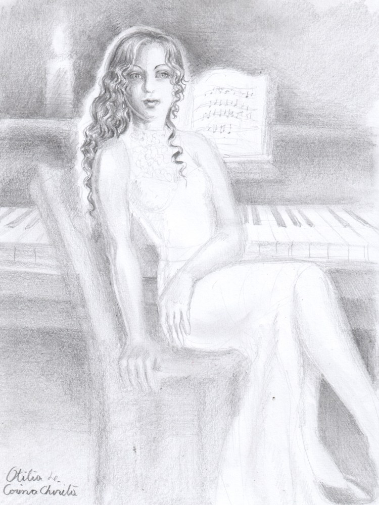 Otilia Marculescu din romanul Enigma Otiliei si pianul la care ii placea sa cante, desen in creion