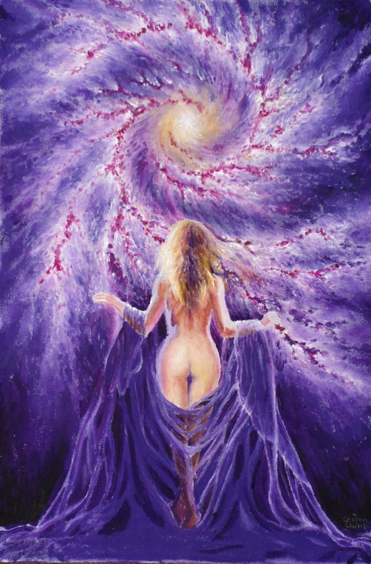 Eternul feminin in univers femeie nud in lumina violet pictura acrilice pe panza