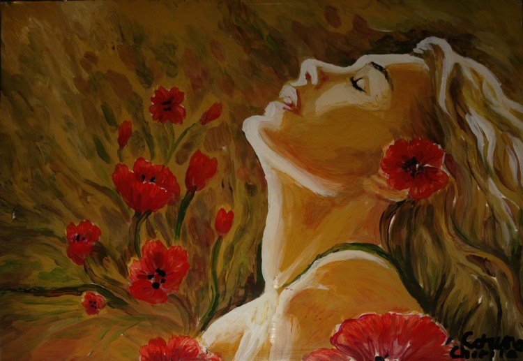 Fata cu maci, pictura pe sticla