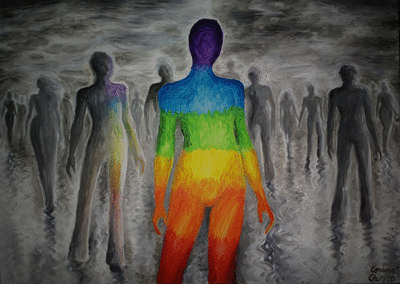 Un curcubeu intr-o lume in alb si negru, pictura acrilice pe panza