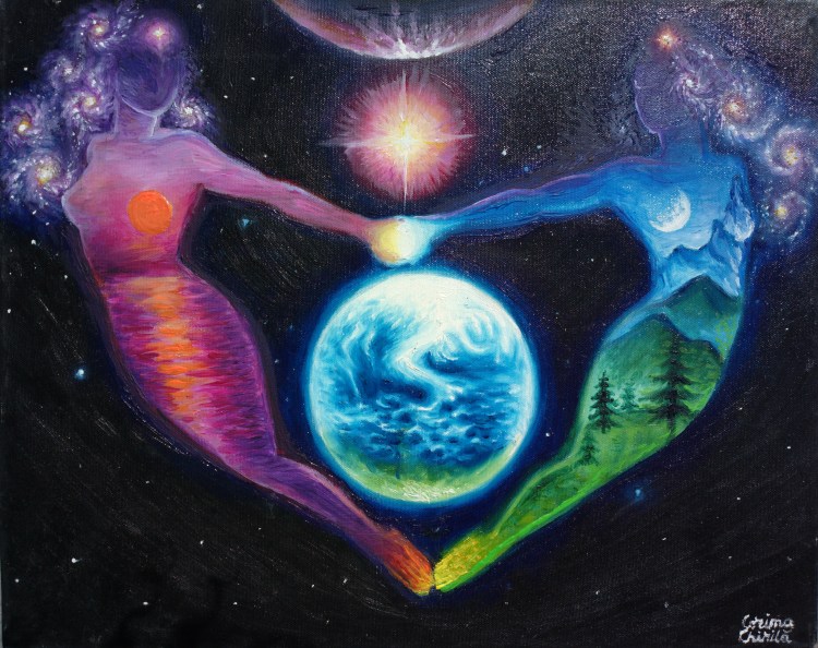 Comeplementaritate sau iubire cosmica dintre doua suflete pereche pictura ulei pe panza - soulmates or cosmic love oil on canvas painting