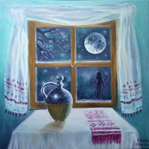 Pe aceeasi ulicioara, pictura ulei pe panza inspirata din poezia lui Mihai Eminescu