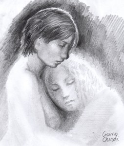 La pieptul iubitei, desen in creion