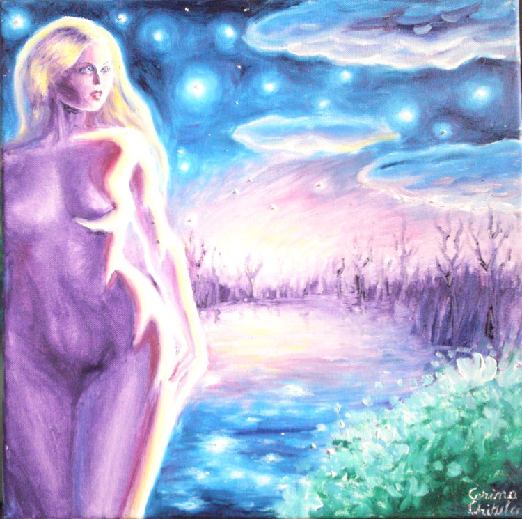 Din cerurile albastre, pictura in ulei pe panza inspirata din poezia lui Mihai Eminescu