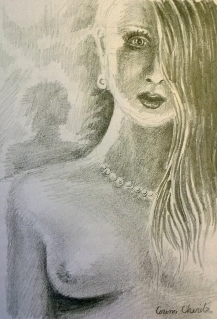 Portret de femeie cu sanii goi desenat in creion