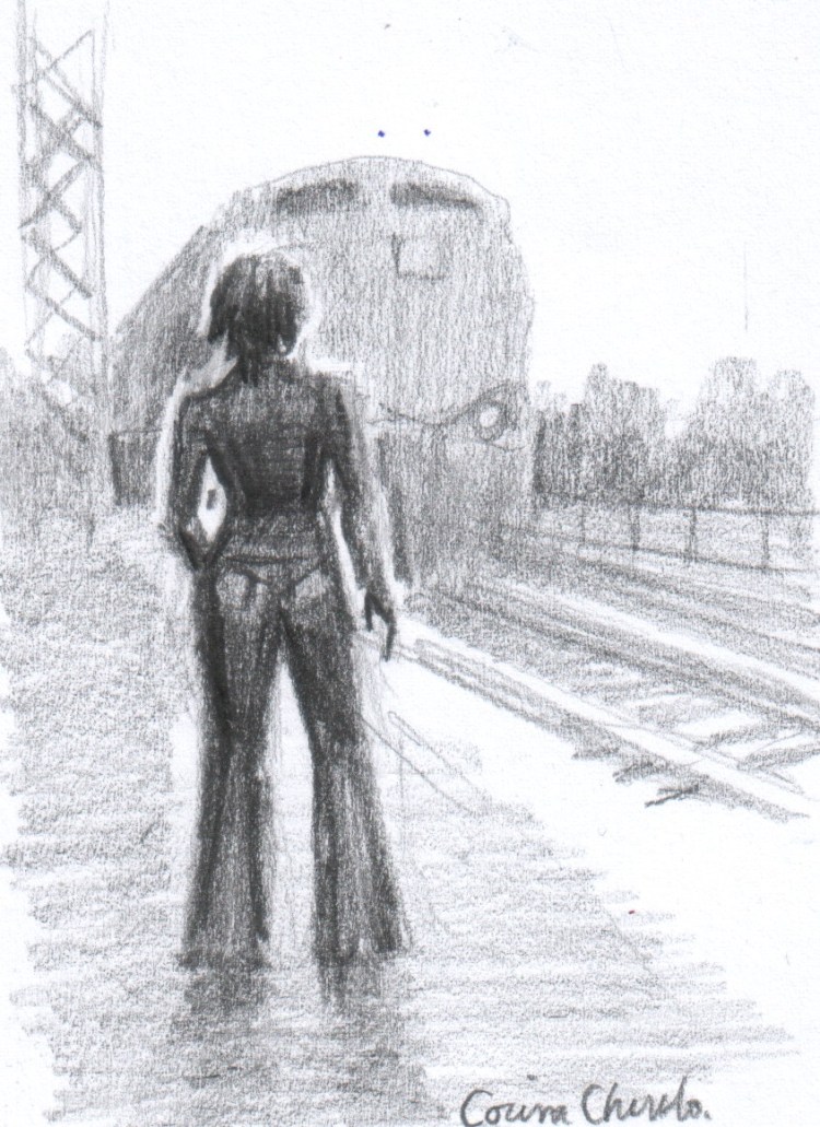 Femeie pe peron in gara desen in creion