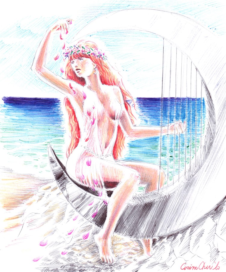 O fata cantand la harpa pe malul marii desen facut cu pixul