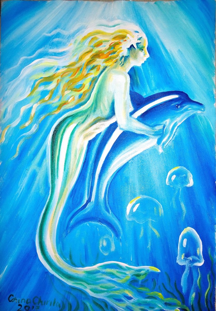 Sirena si delfin pictura - Mermaid and dolphin painting