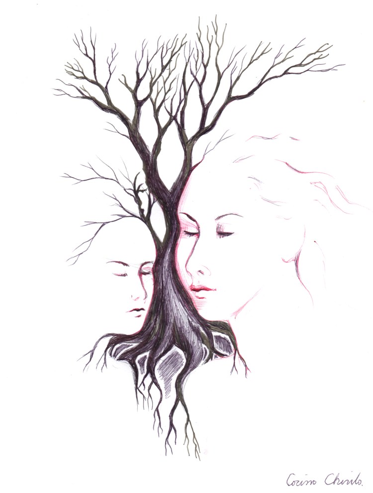 Faces of nature traan and portraits drawing - Copacul cu fete umane desen in pix