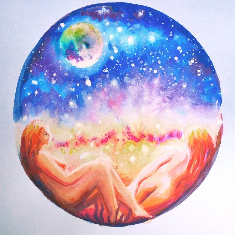 Eu cu iubita mea impreuna in univesul nostru - Me and my love in our universe watercolor painting