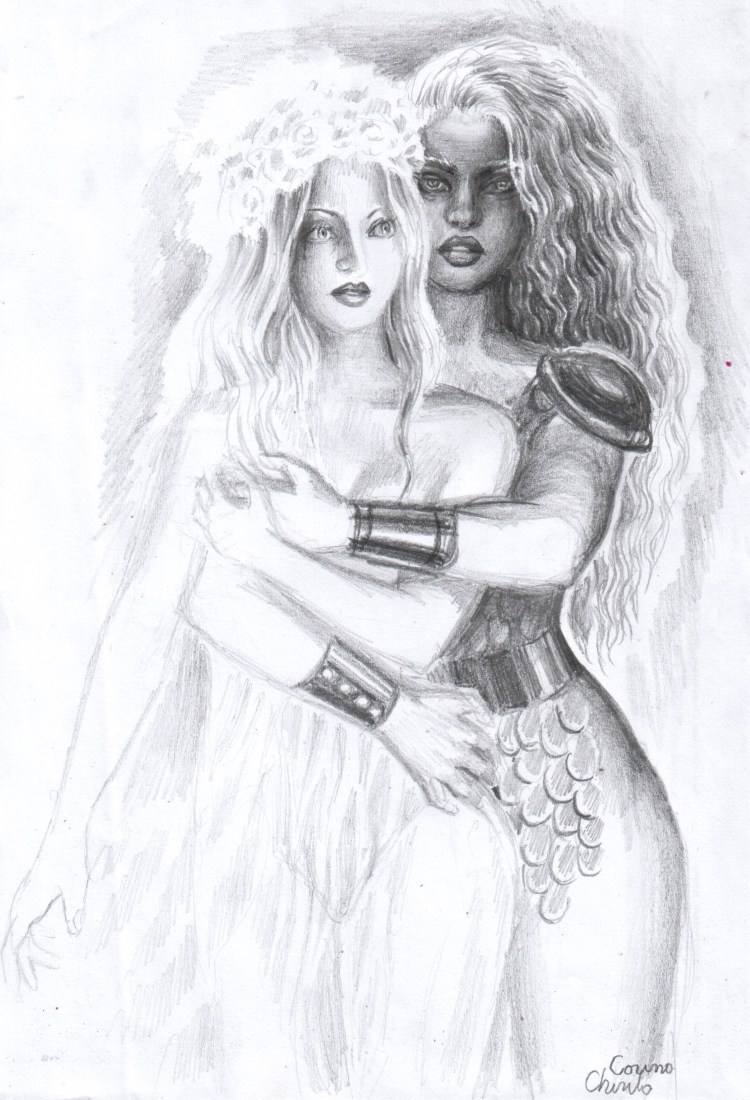 Poveste de iubire cu o amazoana si o printesa desen in creion