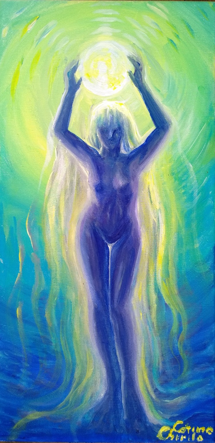 The divine femnine and the moonn naked woman painting - eternul feminin si luna pictura