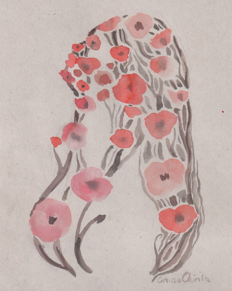 figura ascunsa in campul cu maci pictura acuarela