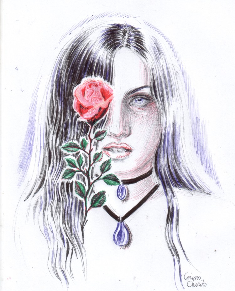 goth girl with rose portrait drawing