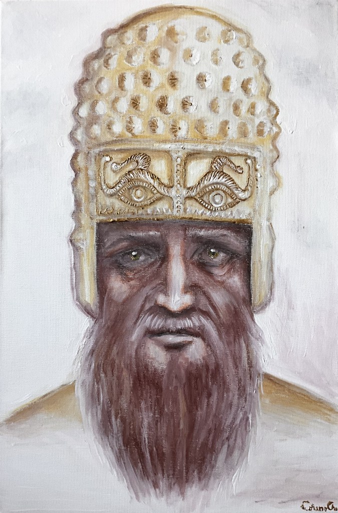 Regele geto-dac Charnabon purtand coiful de la Cotofenesti, pictura