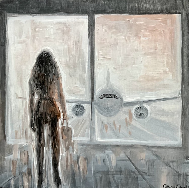 La imbarcare, inainte de zbor, o pictura in acrilice pe panza nascuta din dorul de a calatori