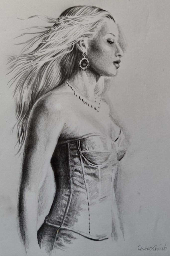 portret de femeie eleganta desen in creion 