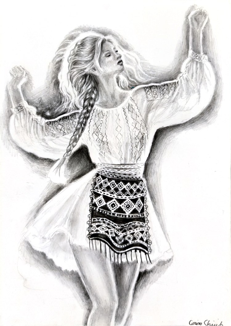 fata dansand in costum popular desen in creion